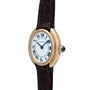 Cartier Vendome gold wristwatch featuring a white dial, black Roman numerals, and a dark brown leather strap.