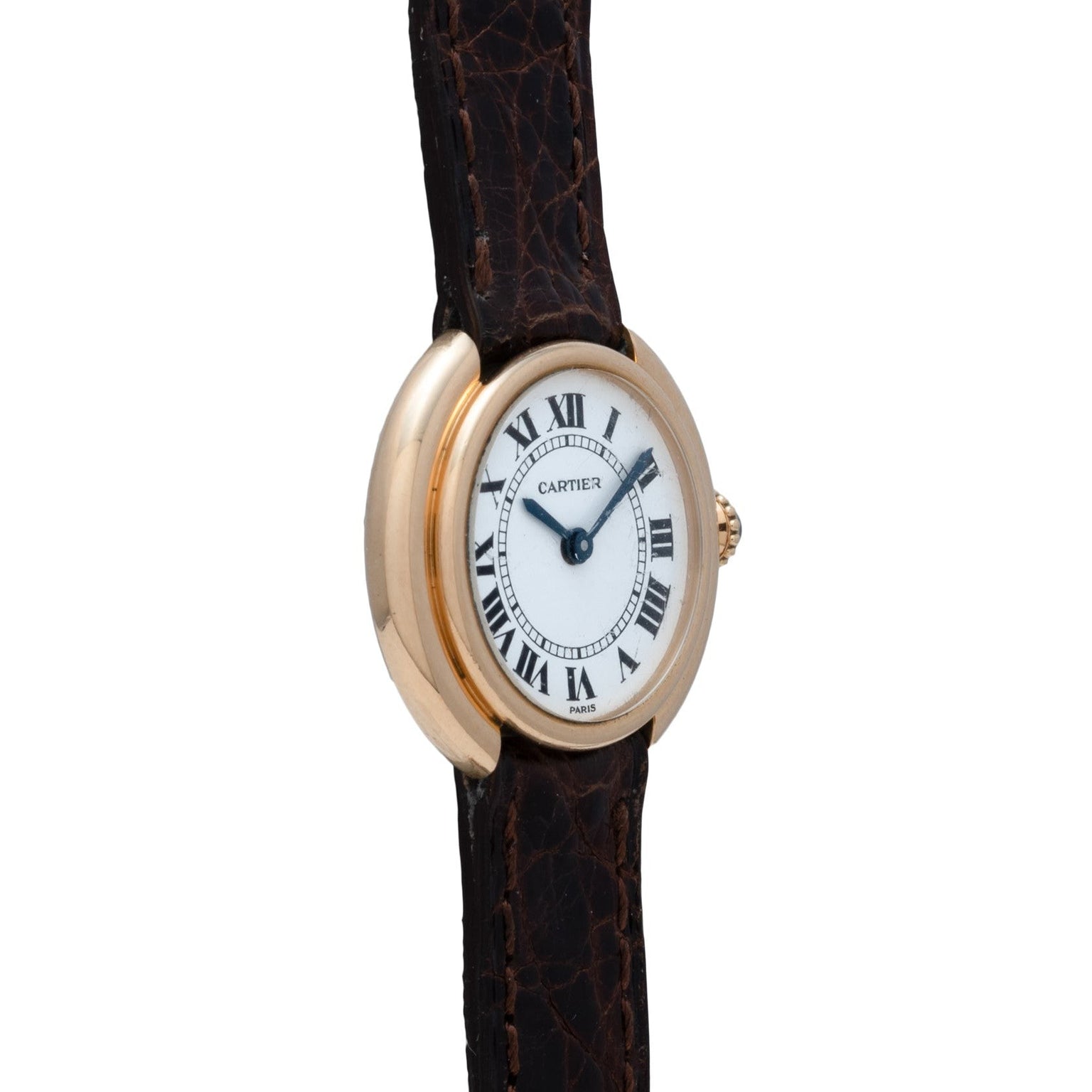 Cartier Vendome gold wristwatch featuring a white dial with Roman numerals and a dark brown leather strap.