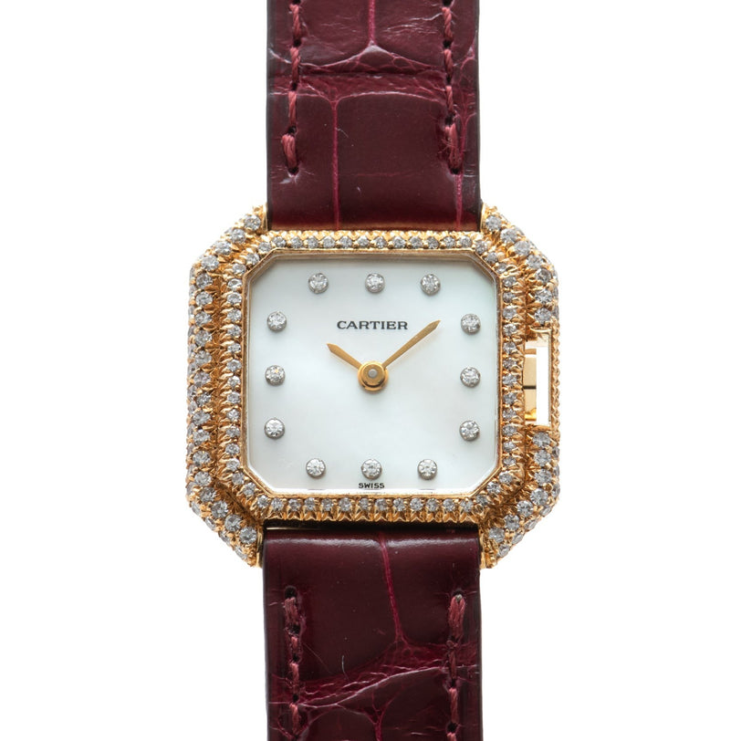 Cartier Ceinture Diamond watch featuring a diamond bezel, white dial with diamond markers, and a burgundy leather strap.