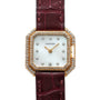 Cartier Ceinture Diamond watch featuring a diamond bezel, white dial with diamond markers, and a burgundy leather strap.