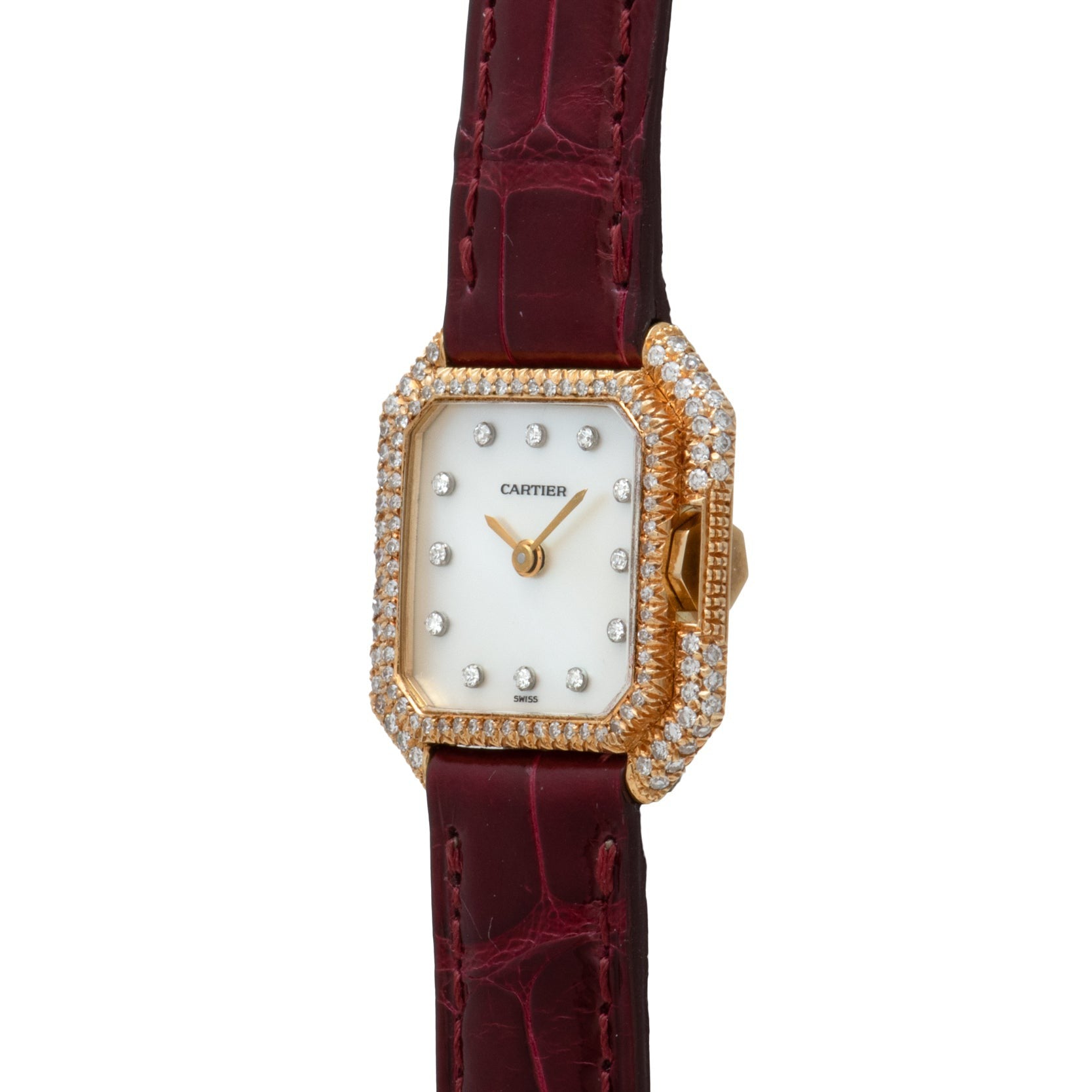 Cartier Ceinture Diamond watch with diamond bezel, white dial, and burgundy leather strap, displaying two oclock.