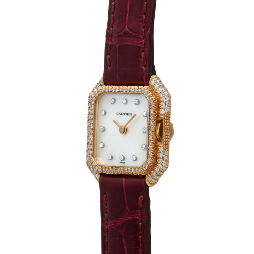 Cartier Ceinture Diamond watch with diamond bezel, white dial, and burgundy leather strap, displaying two oclock.
