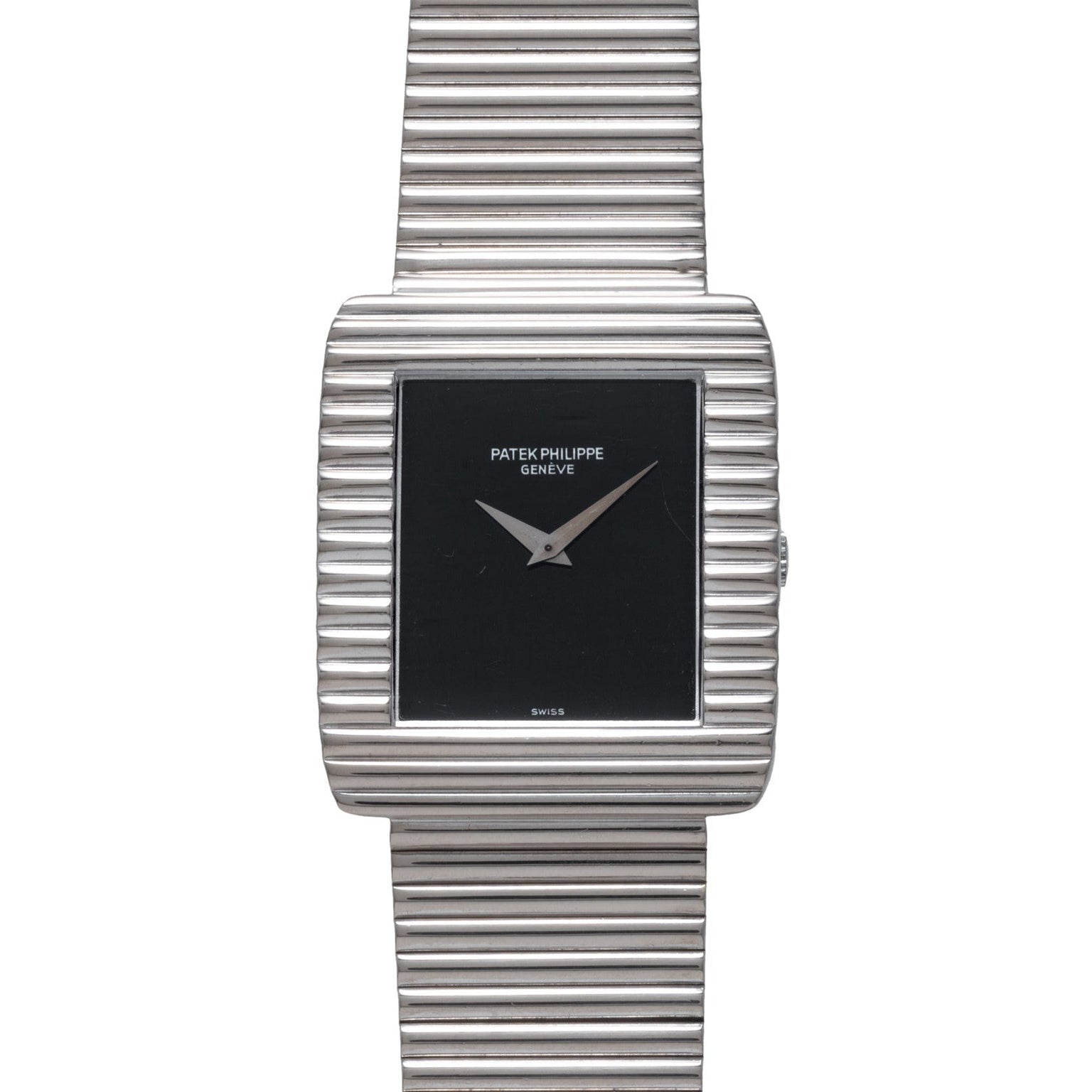 A Patek Philippe Ellipse Gondolo Onyx wristwatch featuring a silver ribbed band and a rectangular black dial.