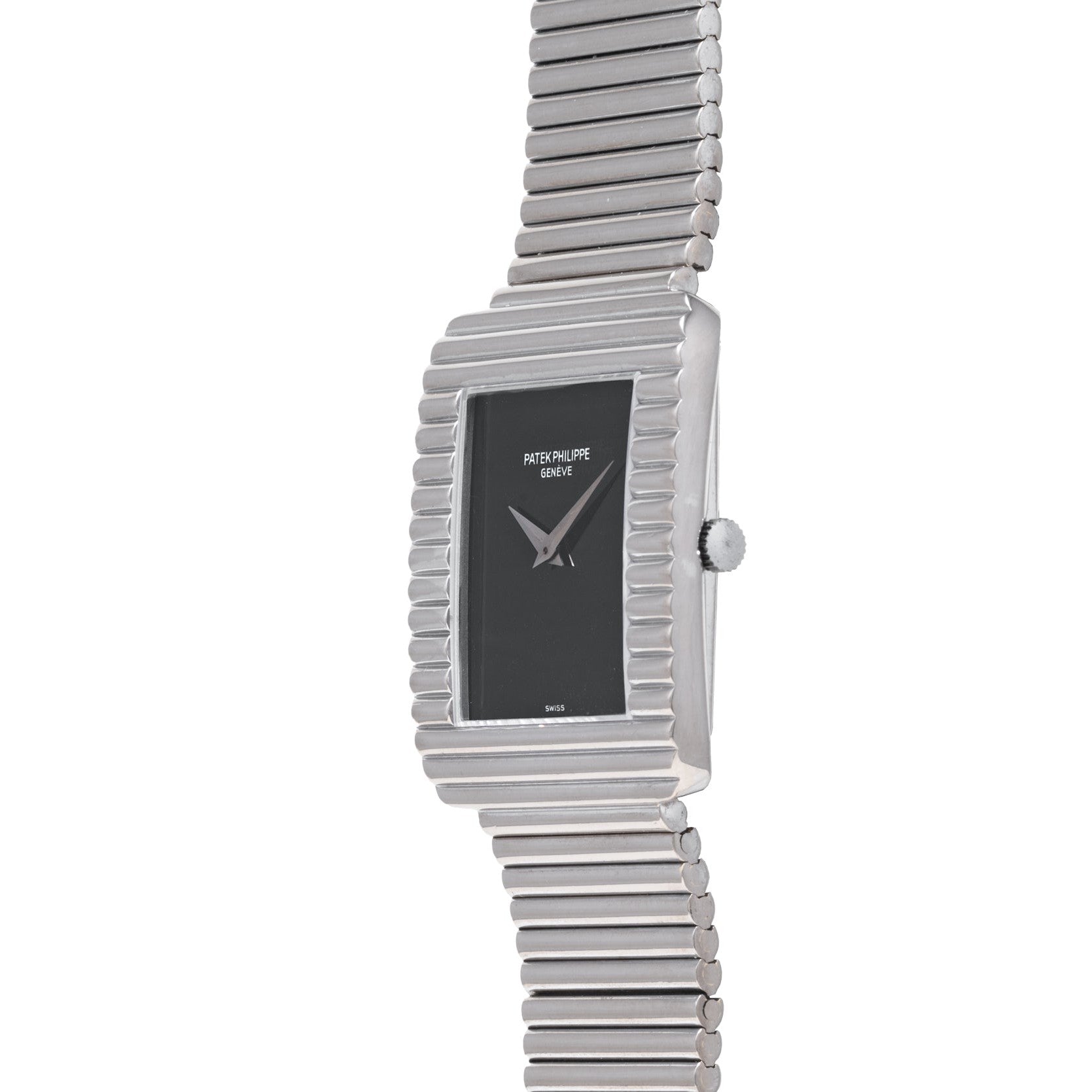 A Patek Philippe Ellipse Gondolo Onyx wristwatch featuring a silver case, black rectangular face, and ridged metal band.