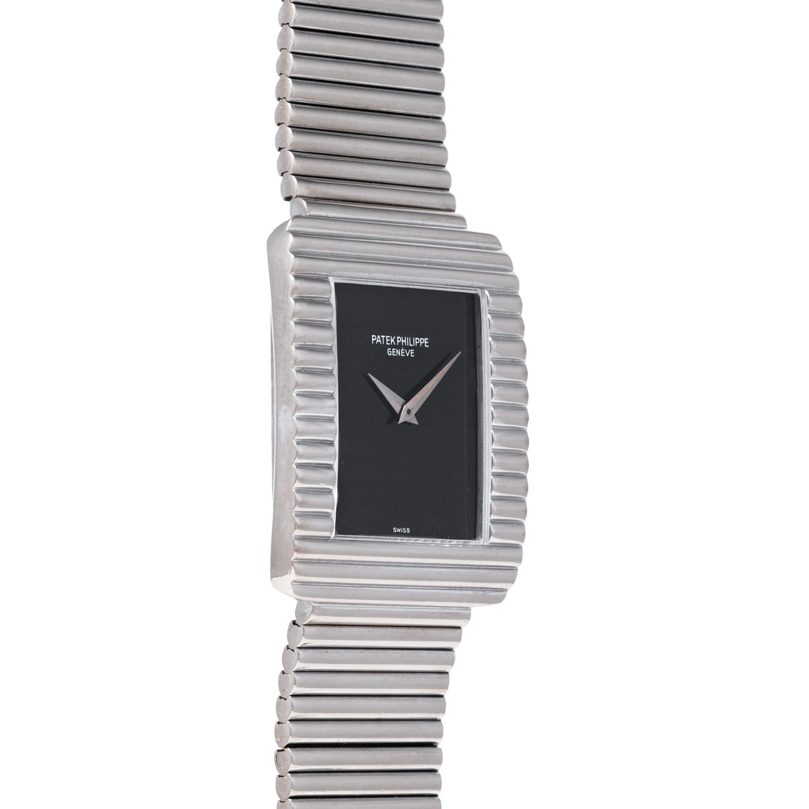 The Patek Philippe Ellipse Gondolo Onyx is a rectangular silver wristwatch with a ridged band and black face, displaying the time as 10:10.