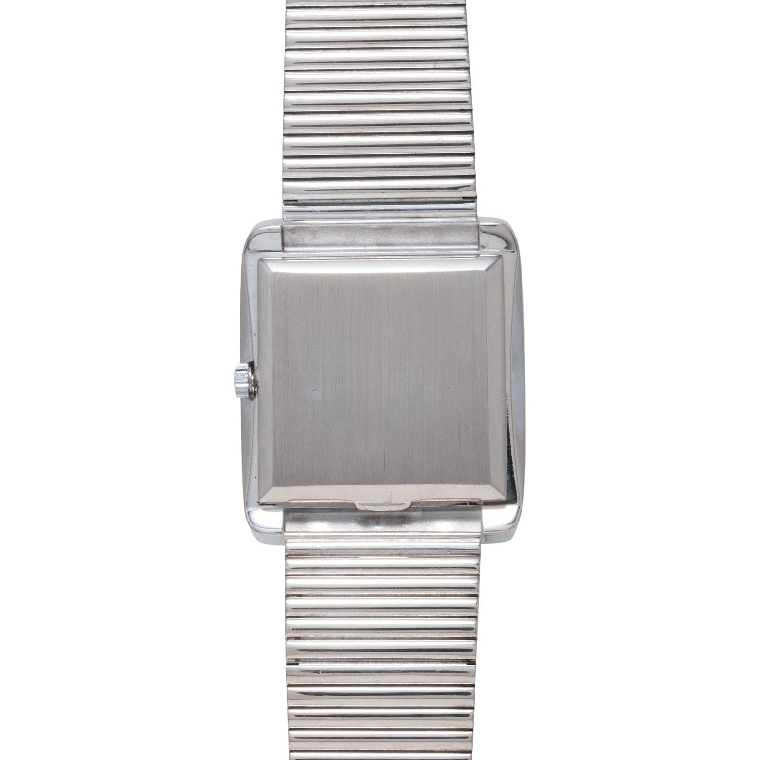 A silver metal wristwatch, the Patek Philippe Ellipse Gondolo Onyx, features a blank square face and a striped metal band.