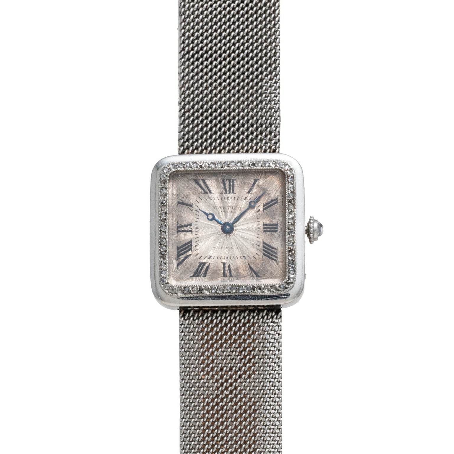 Cartier Santos Platinum: a square silver watch with Roman numerals, mesh band, two blue hands, and a textured bezel.