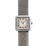 Cartier Santos Platinum: a square silver watch with Roman numerals, mesh band, two blue hands, and a textured bezel.
