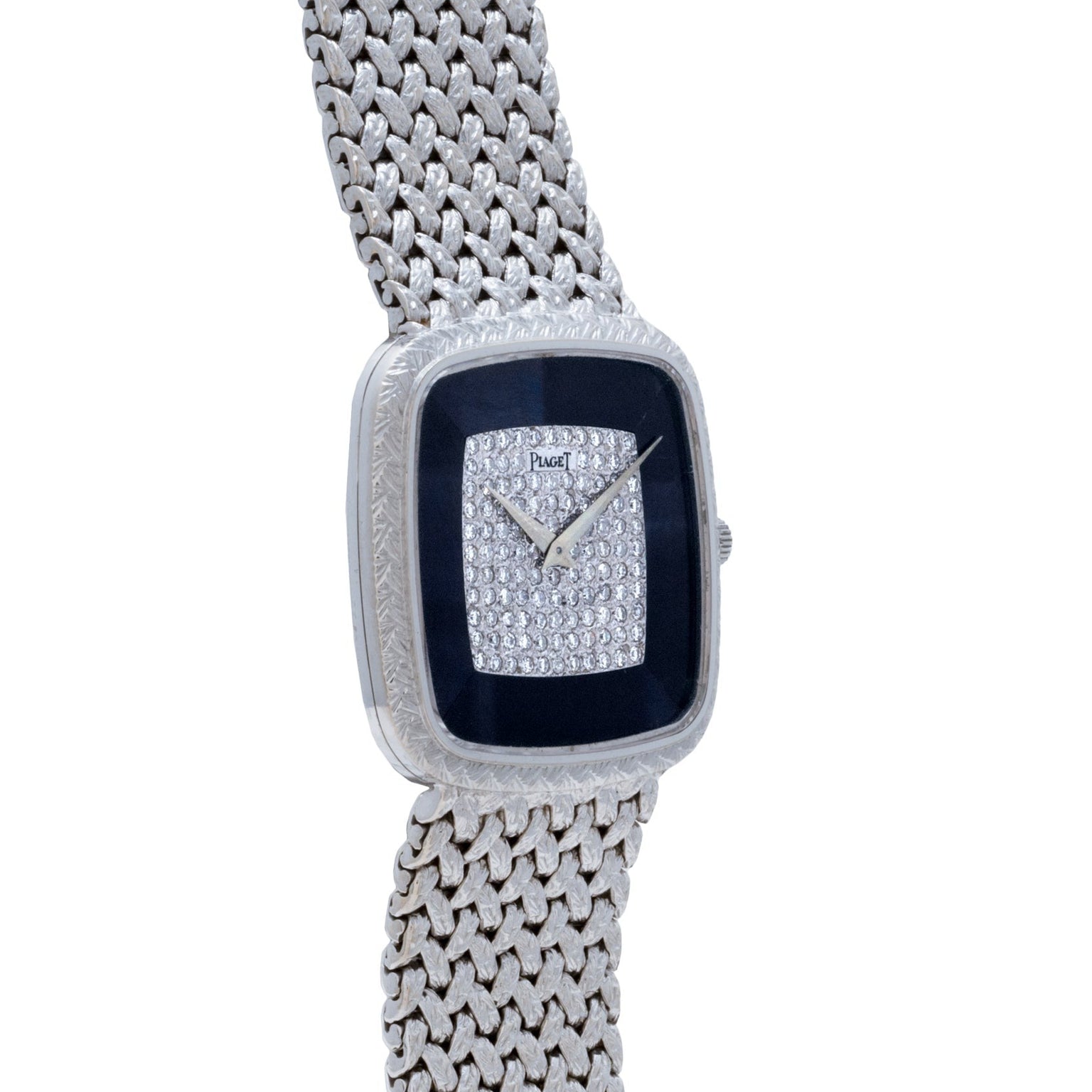 The Piaget Hawk Eye White Gold Dress Watch features a luxury rectangular face and a textured band, elegantly designed for sophistication.