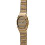 The Piaget Polo Two-Tone wristwatch features a round face and a striped gold and silver band, displayed upright against a white background.