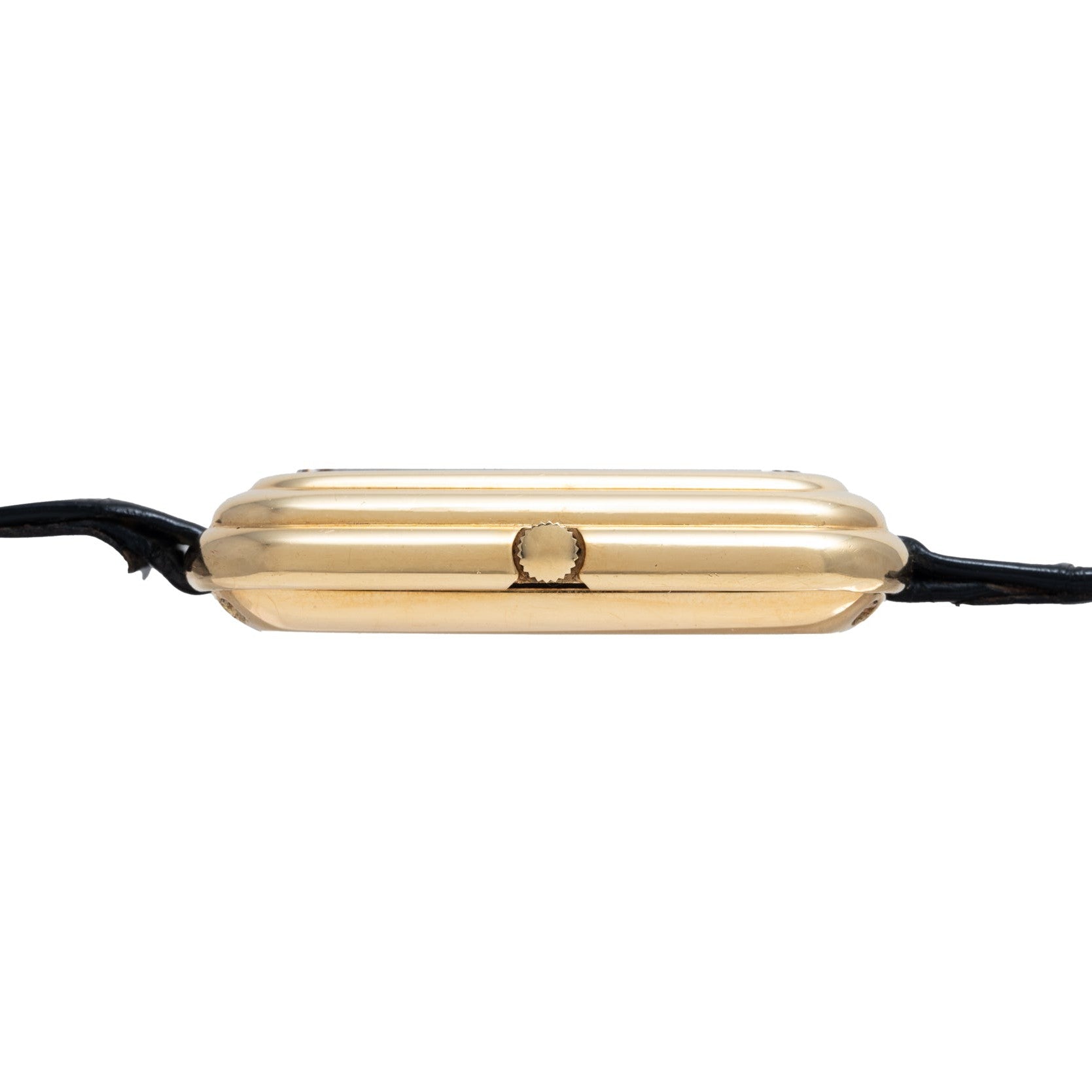 Side view of the Piaget Tank Blue Lapis watch featuring a gold rectangular case, black leather strap, and a small crown.