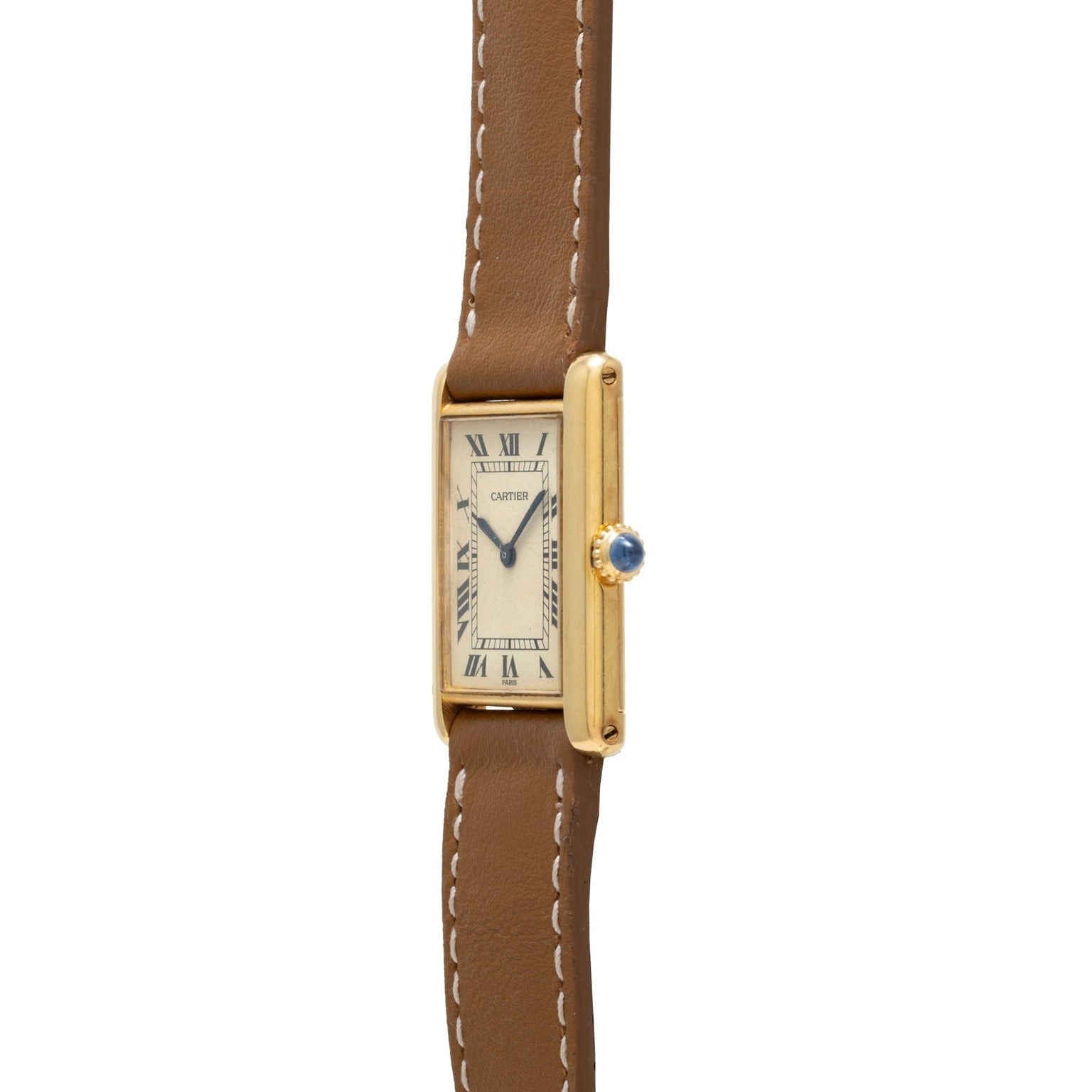 Cartier Tank Louis rectangular watch featuring a brown leather strap and Roman numerals on a white dial, side view.