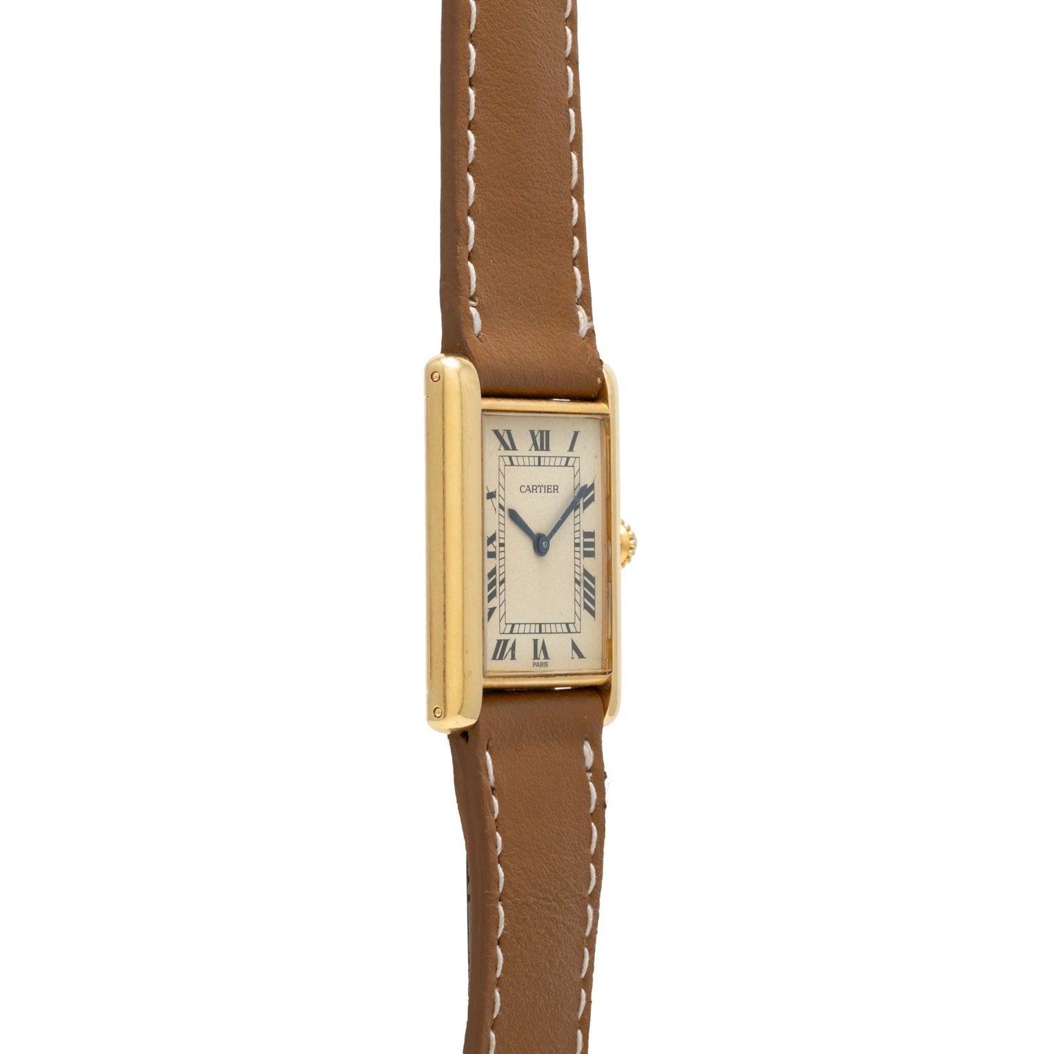 A Cartier Tank Louis gold wristwatch featuring a brown leather strap and Roman numeral hour markers.