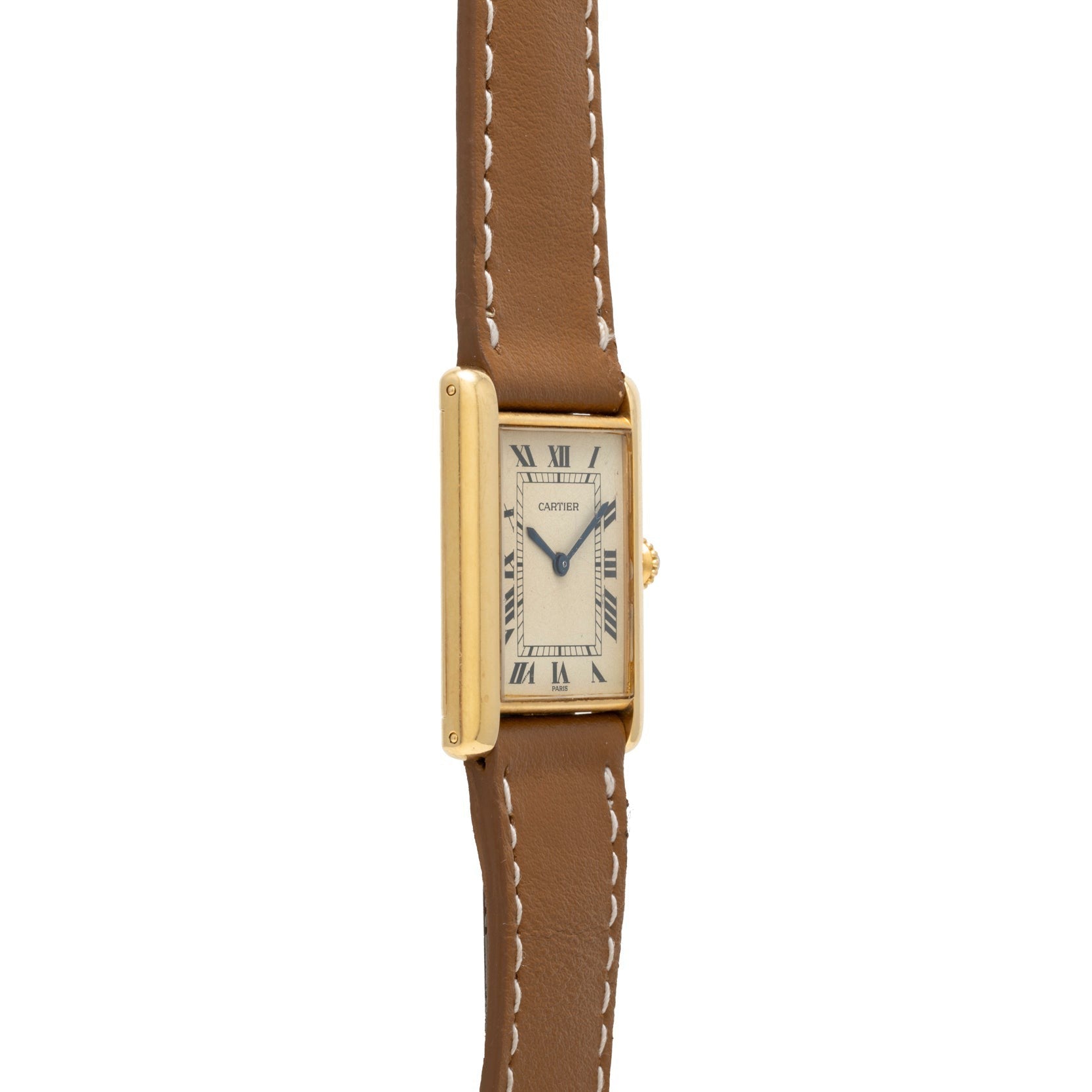 A Cartier Tank Louis gold wristwatch featuring a brown leather strap and Roman numeral hour markers.
