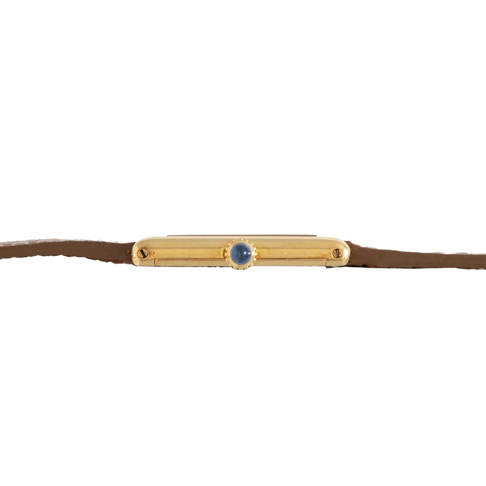 Side view of the Cartier Tank Louis, a slim gold wristwatch featuring a brown leather strap and a round crown.
