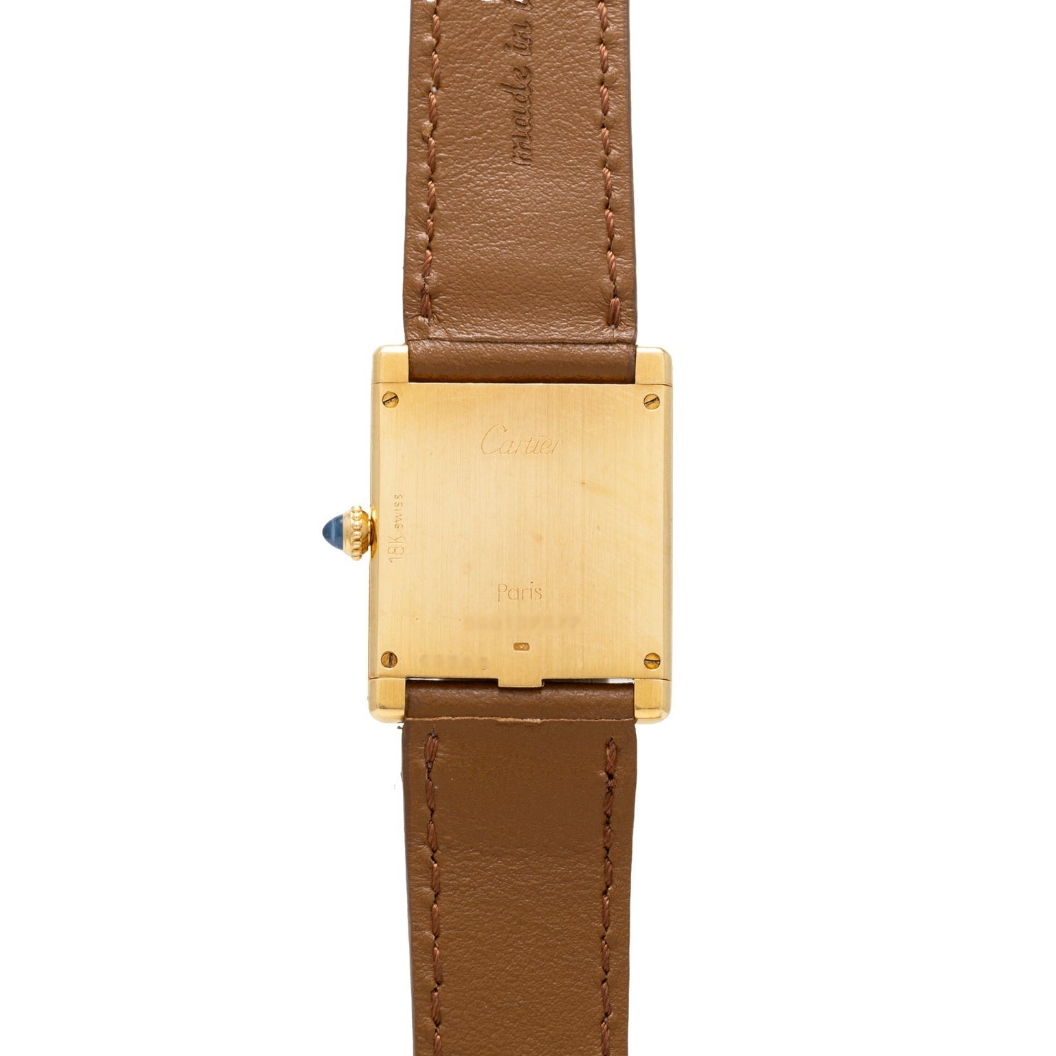 Back view of the Cartier Tank Louis watch featuring a gold case, brown leather strap, and inscribed with Cartier Paris.