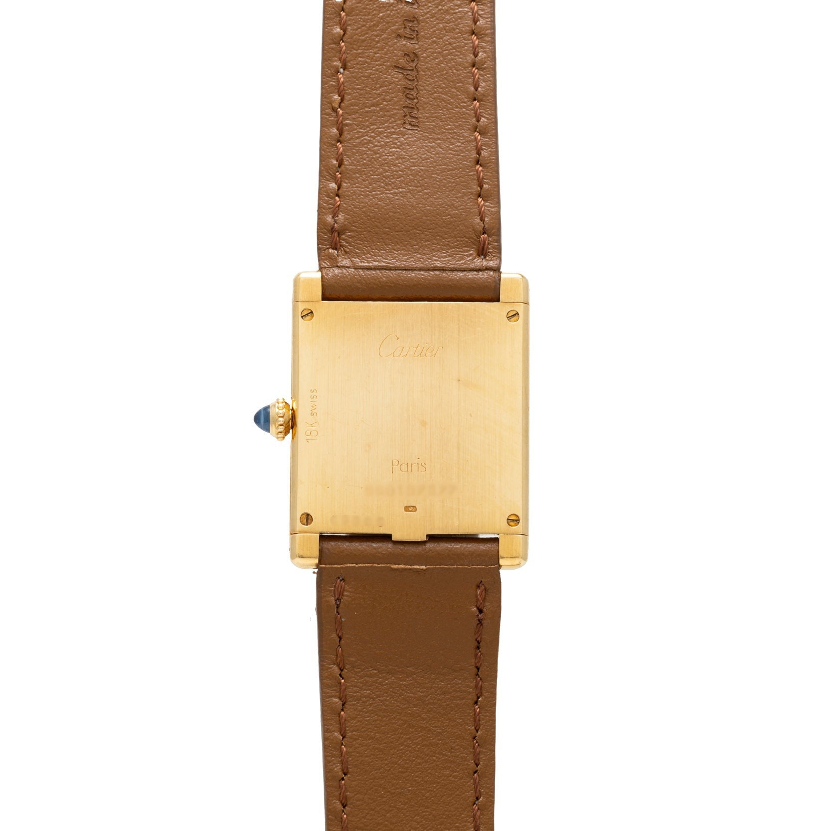 Back view of the Cartier Tank Louis watch featuring a gold case, brown leather strap, and inscribed with Cartier Paris.