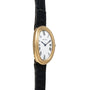 A Cartier Baignoire gold oval wristwatch featuring a white dial, black Roman numerals, and a black leather strap.