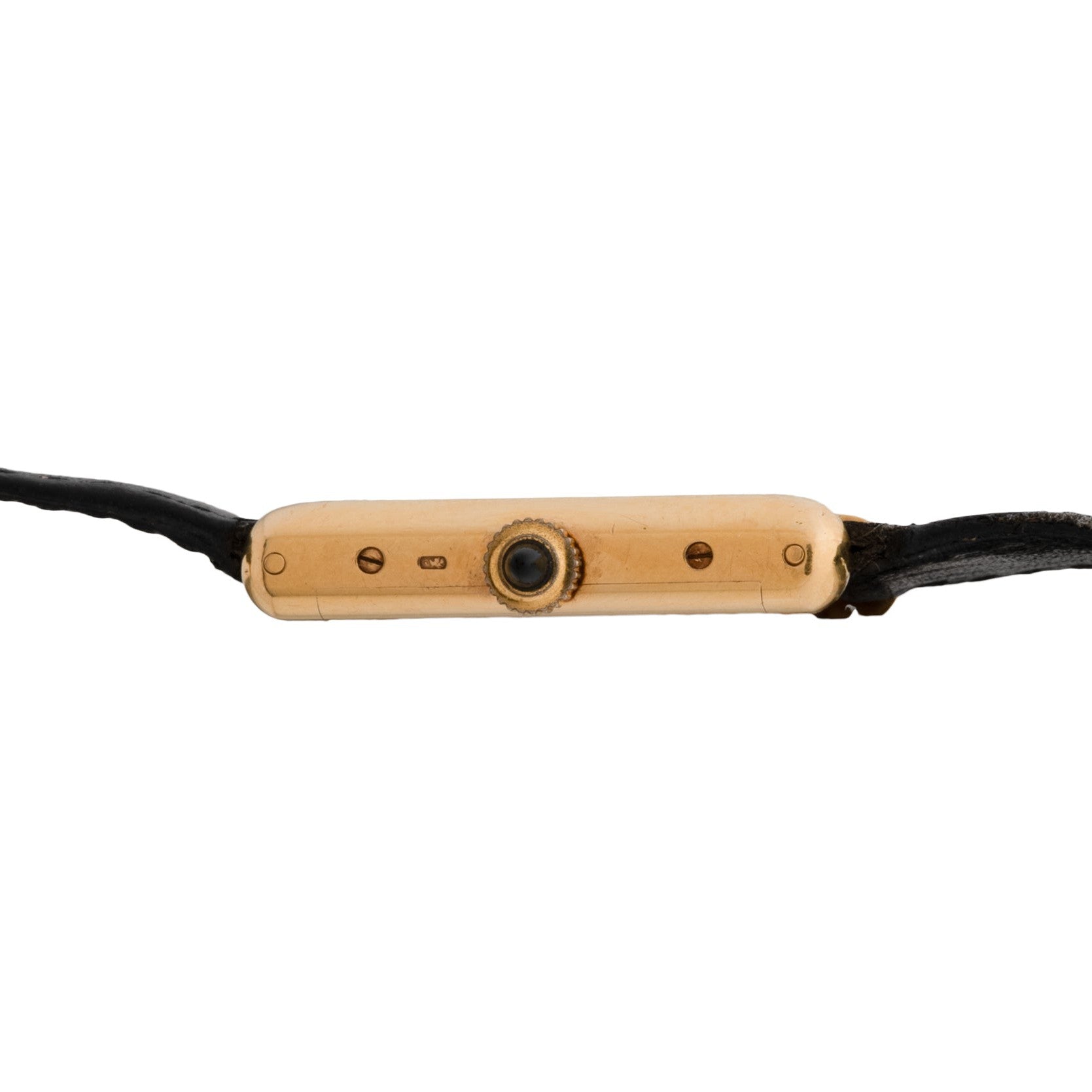 Side view of the Cartier Tank Piccolo gold watch case with a central crown and black leather straps attached to both sides.