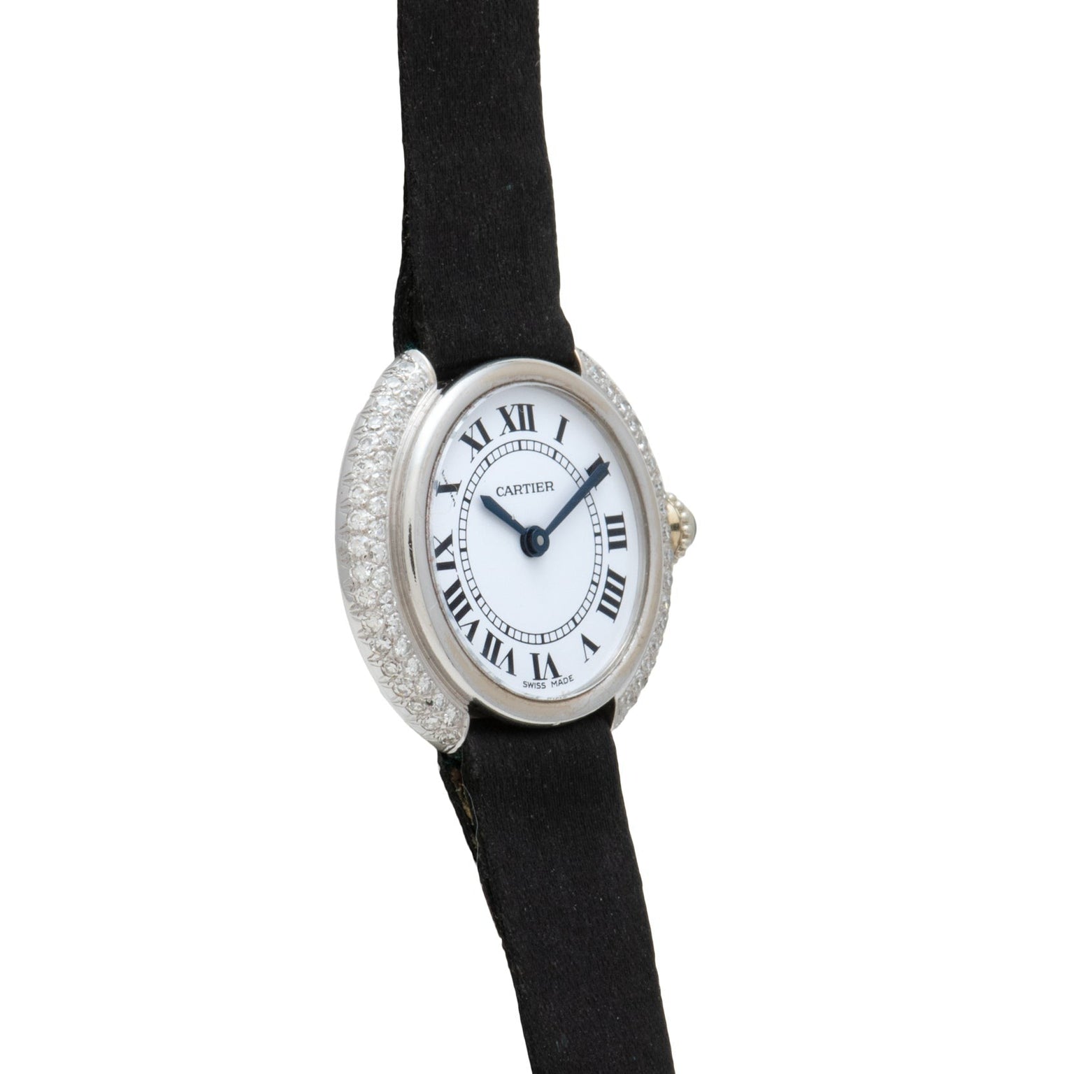 The Cartier Vendome Diamond wristwatch features a black strap, Roman numerals, and a diamond-encrusted bezel.