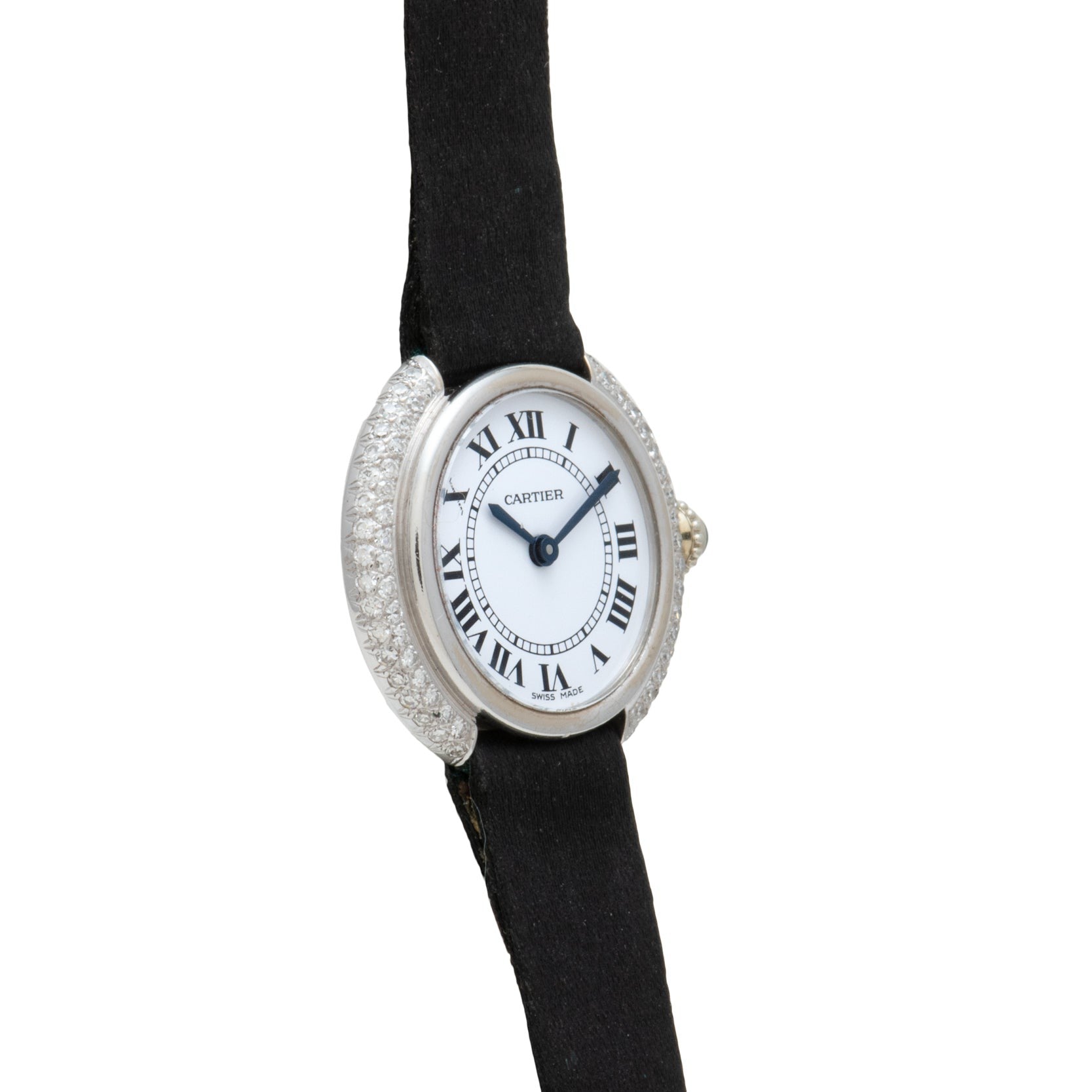 The Cartier Vendome Diamond wristwatch features a black strap, Roman numerals, and a diamond-encrusted bezel.