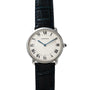 The Cartier Vendome Ronde Louis wristwatch features Roman numerals, blue hands, and a black leather strap.