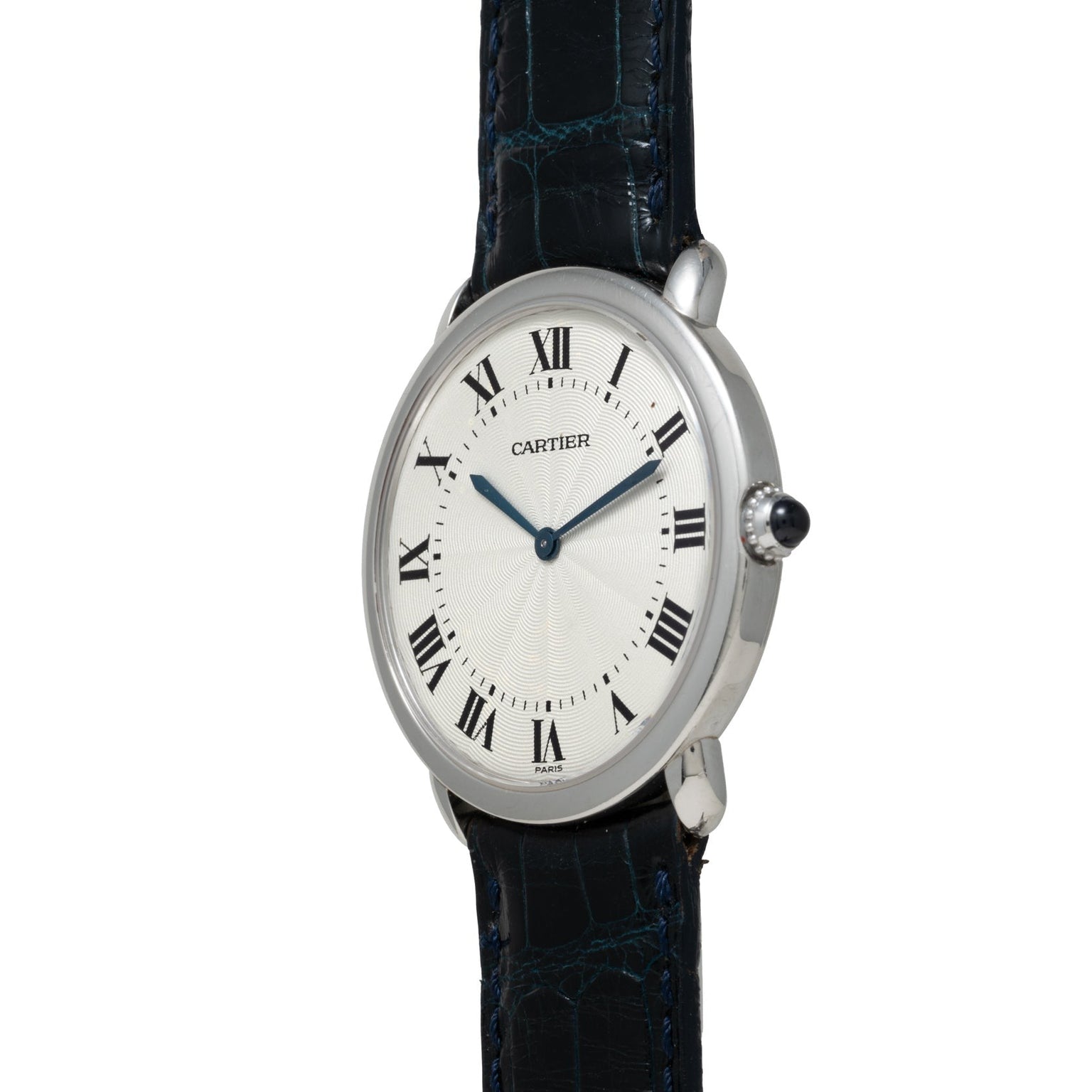 The Cartier Vendome Ronde Louis wristwatch features Roman numerals and a black leather strap, displayed at a slight angle.
