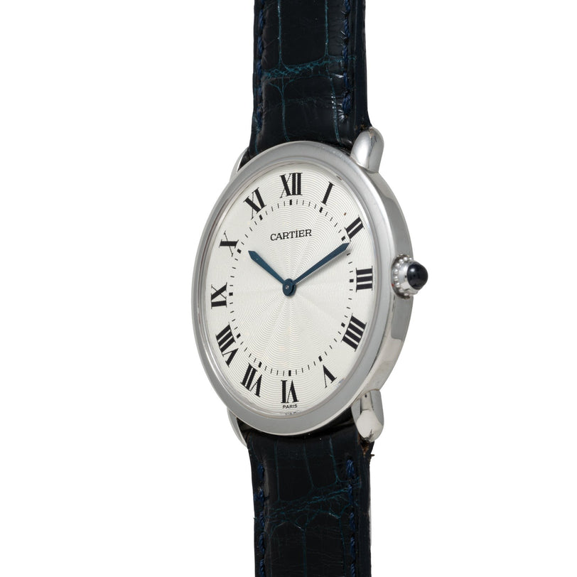 The Cartier Vendome Ronde Louis wristwatch features Roman numerals and a black leather strap, displayed at a slight angle.