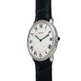 The Cartier Vendome Ronde Louis wristwatch features Roman numerals and a black leather strap, displayed at a slight angle.