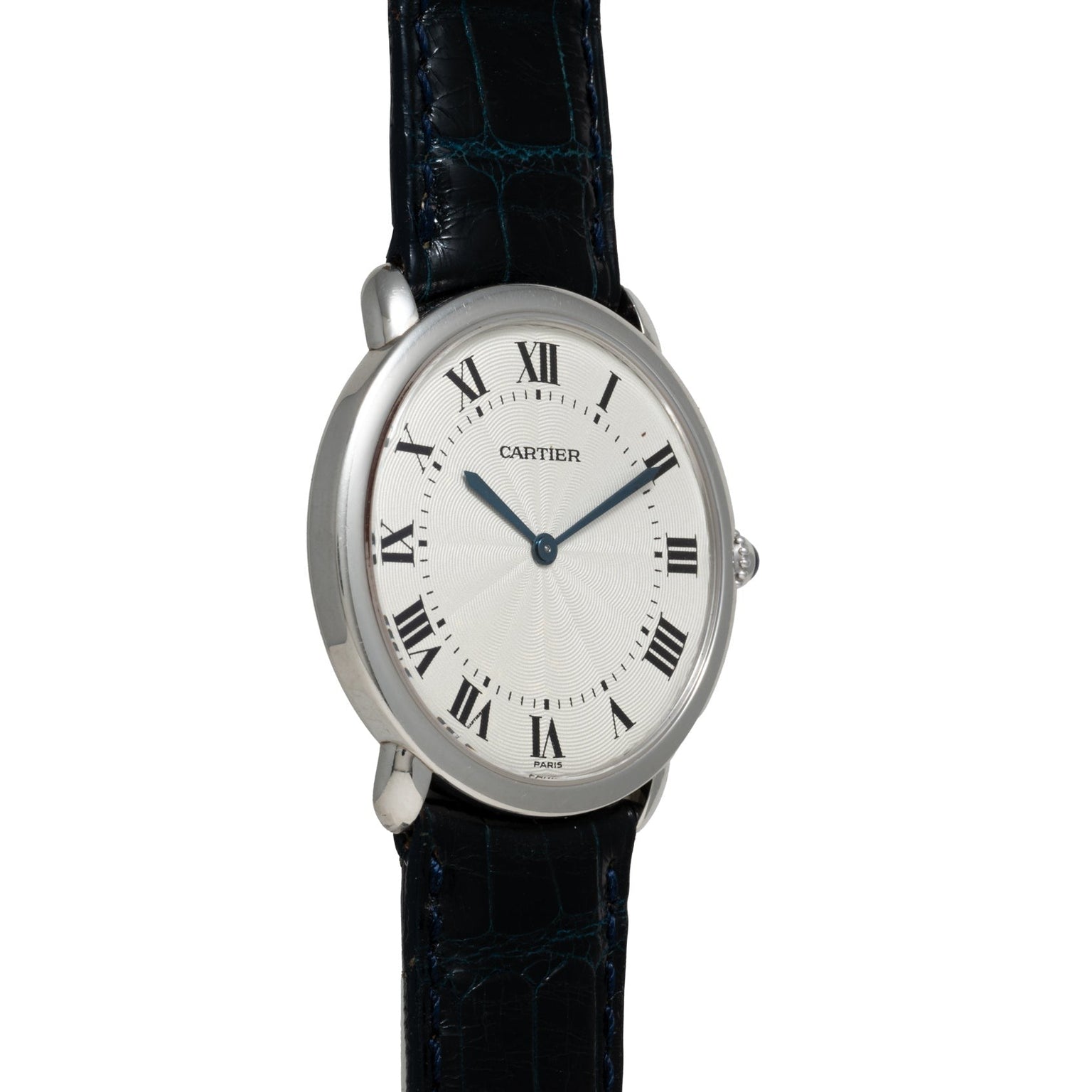 The Cartier Vendome Ronde Louis watch features a black leather strap, Roman numeral markers, and blue hands on a white dial.