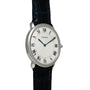 The Cartier Vendome Ronde Louis watch features a black leather strap, Roman numeral markers, and blue hands on a white dial.