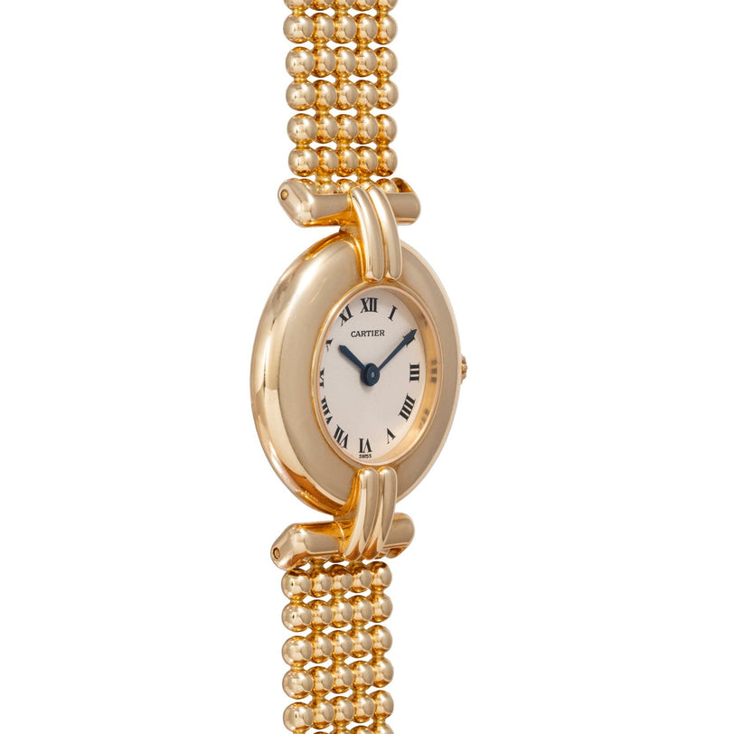 Ladies Dress Watch by Cartier featuring a gold beaded bracelet and white dial with black Roman numerals.