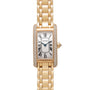 The Cartier Tank Americaine Diamond watch features a rectangular face, Roman numerals, and diamond accents on the case and bracelet.