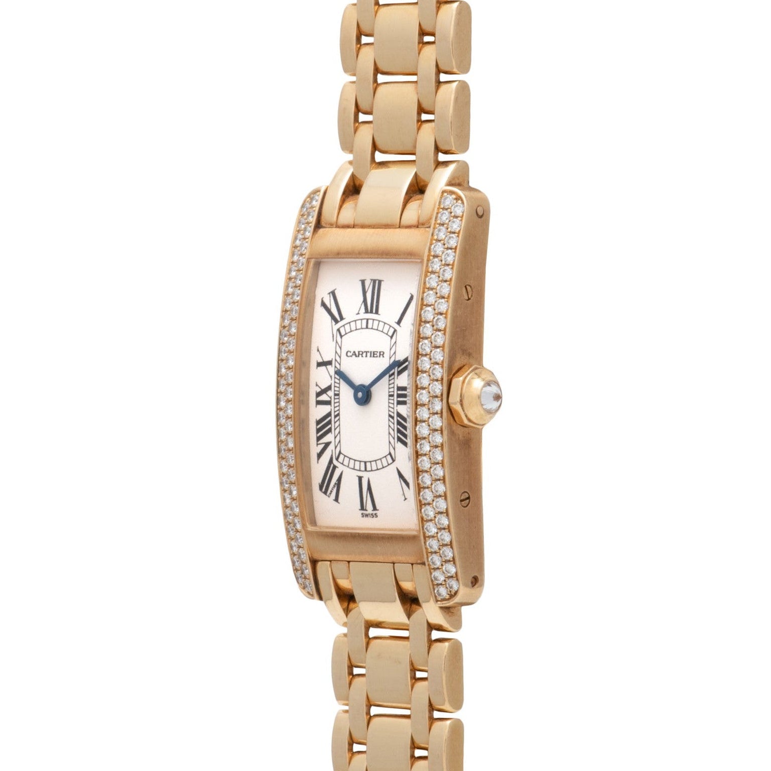 The Cartier Tank Americaine Diamond wristwatch features Roman numerals and diamond accents on its rectangular case and bracelet.