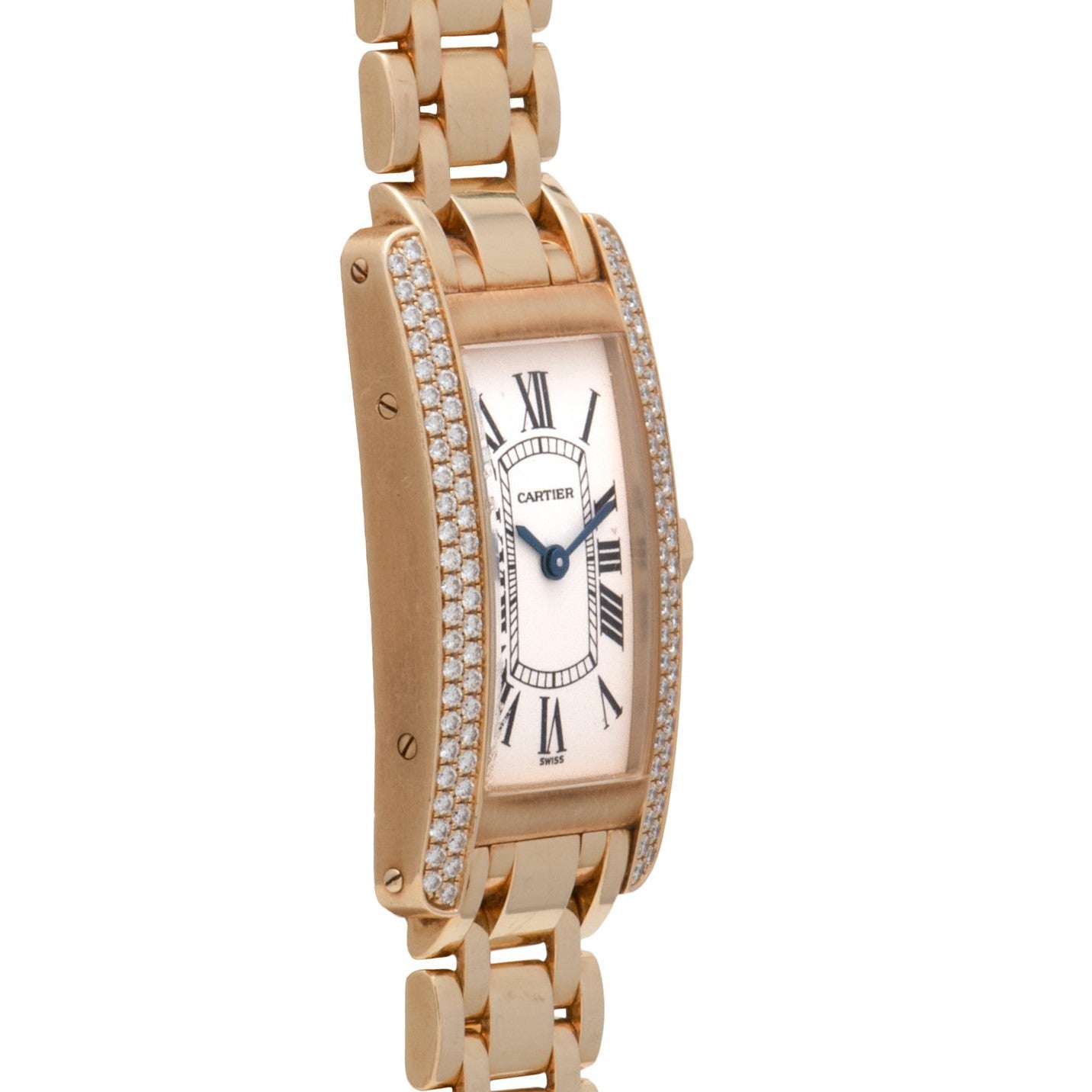 The Cartier Tank Americaine Diamond is a gold watch with diamond accents and a rectangular face featuring Roman numeral markers.