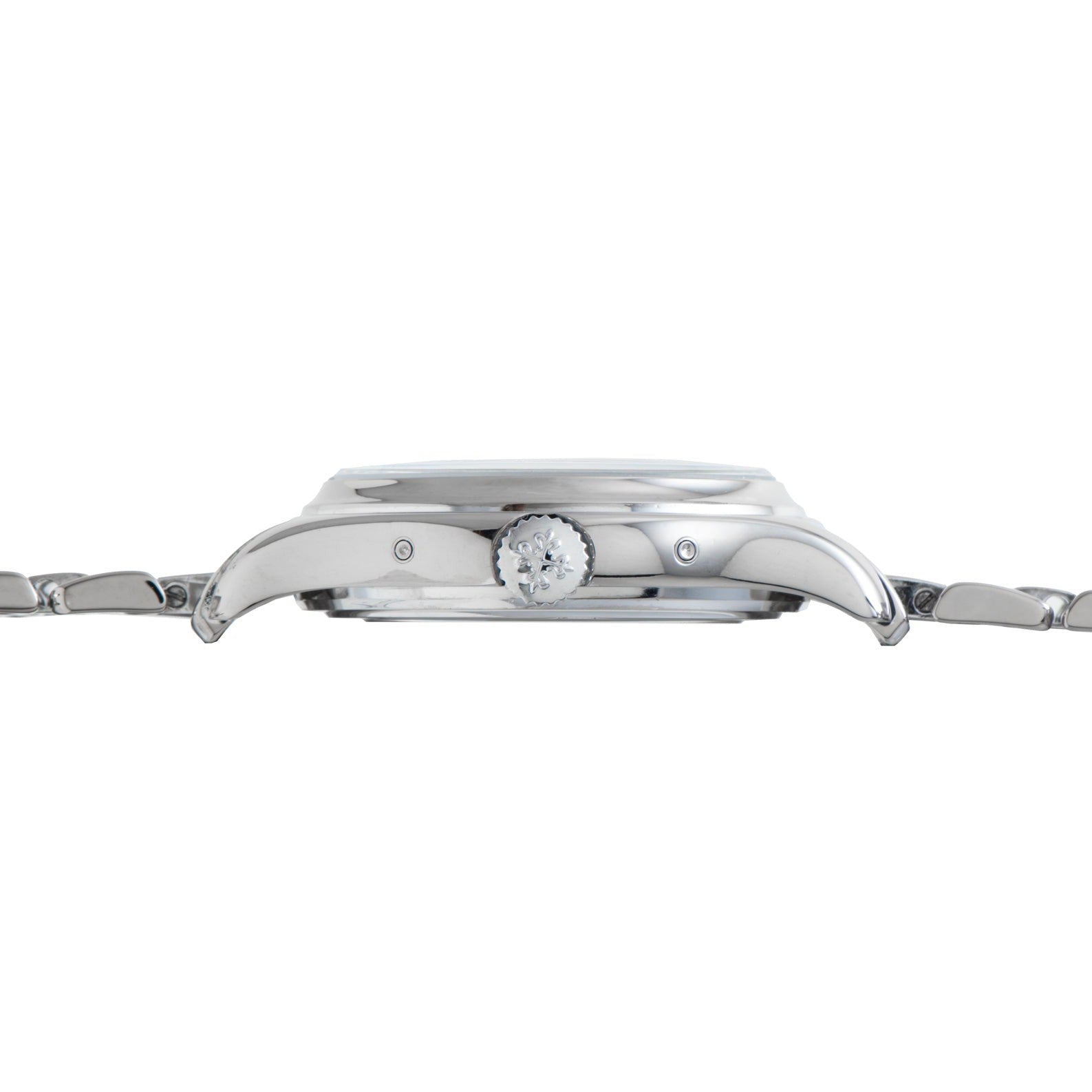 Side view of the Patek Philippe Annual Calendar, a silver wristwatch with crown and metal bracelet, displayed against a white background.