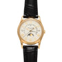Patek Philippe Retrograde Perpetual Calendar wristwatch featuring a black leather strap, Roman numerals, and moon phase display.