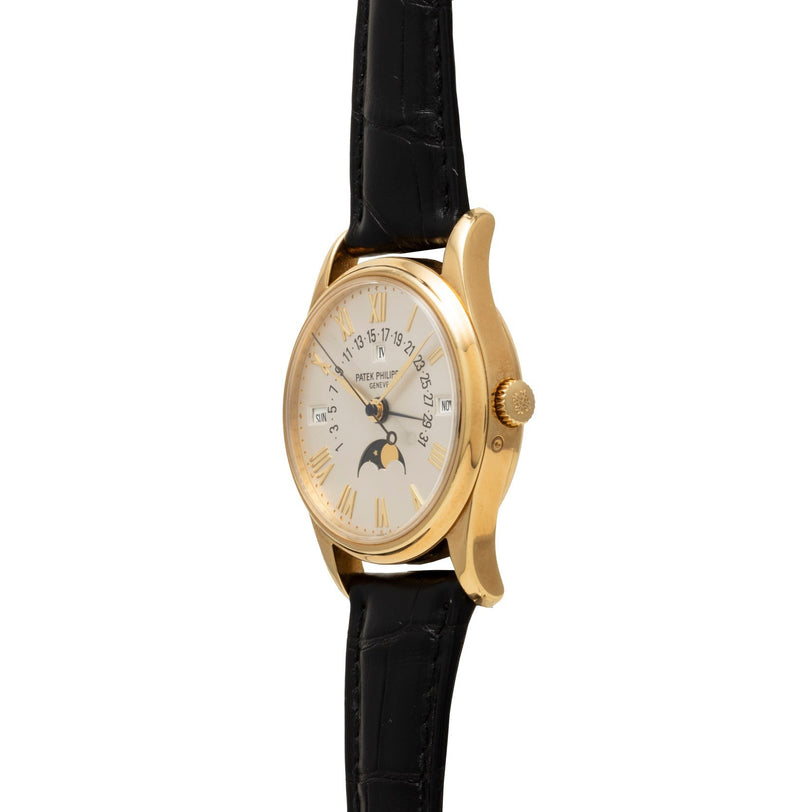 Patek Philippe Retrograde Perpetual Calendar gold wristwatch with black leather strap, white dial, and moon phase display, shown from a side angle.