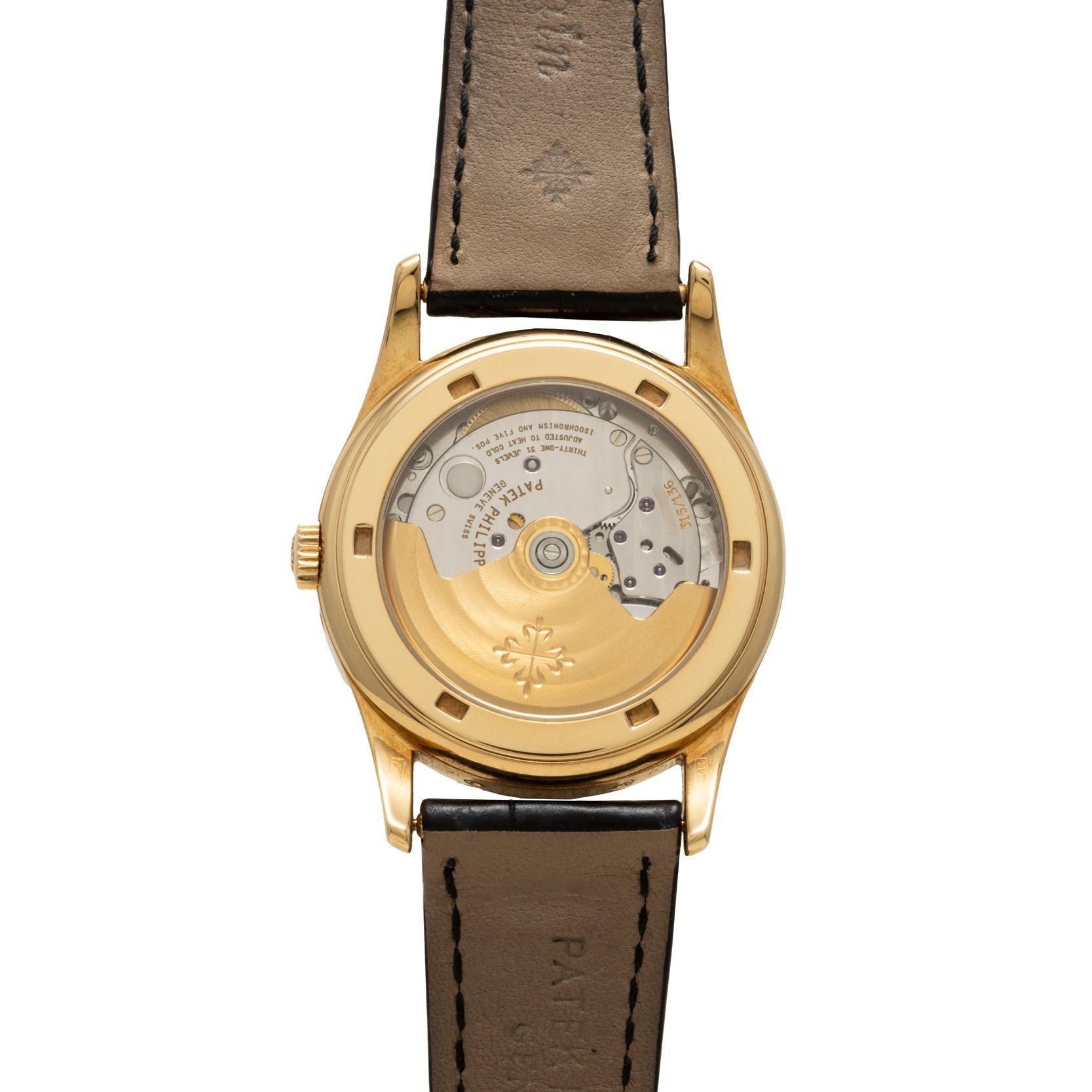 Patek Philippe Retrograde Perpetual Calendar wristwatch with a visible mechanical movement and black leather strap, shown from the back.