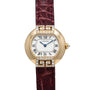 Cartier Ellipse watch featuring Roman numerals, diamond accents, and a burgundy leather strap.
