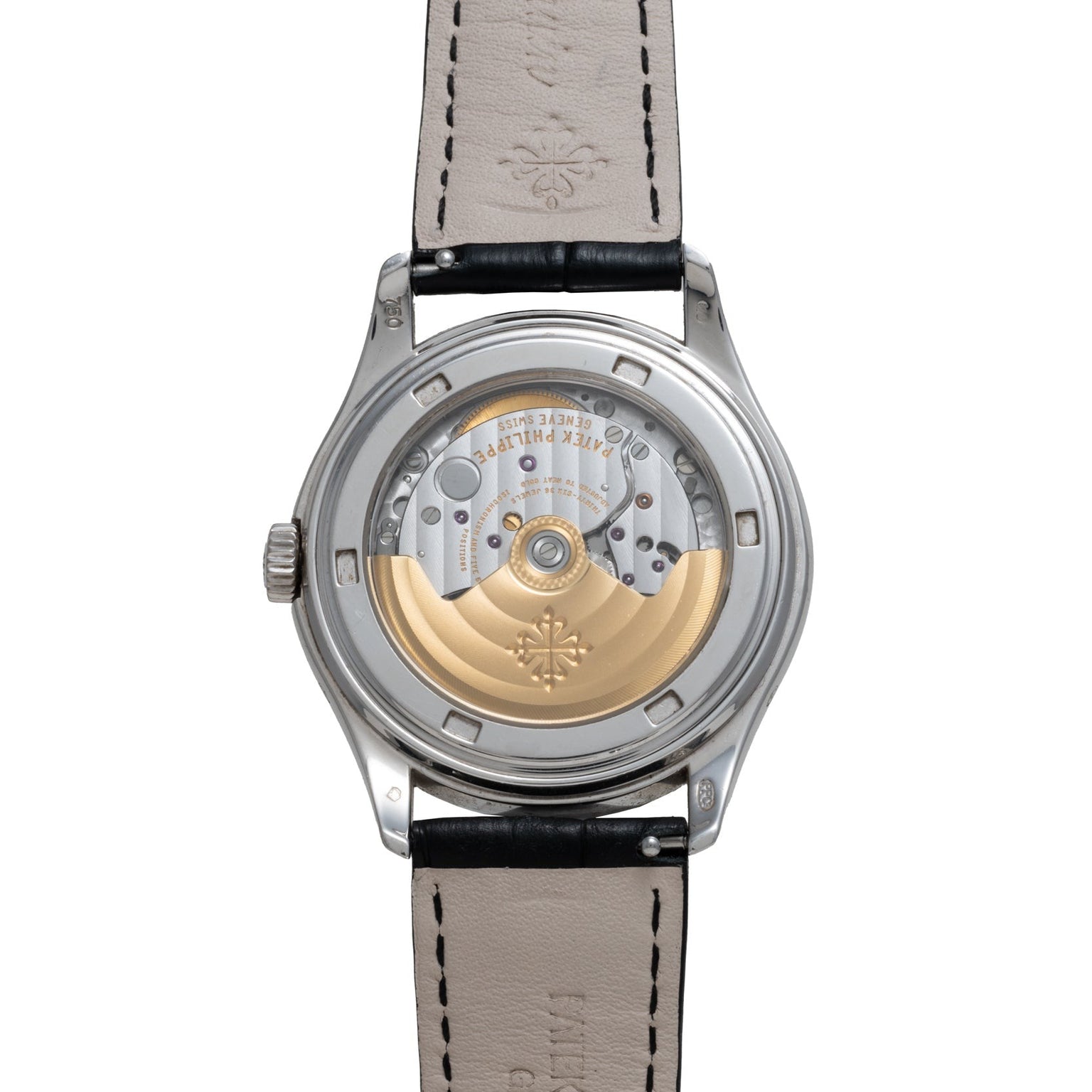 Back view of the Patek Philippe Annual Calendar Moonphase watch, featuring its exposed mechanical movement and gold rotor, complemented by a leather strap.