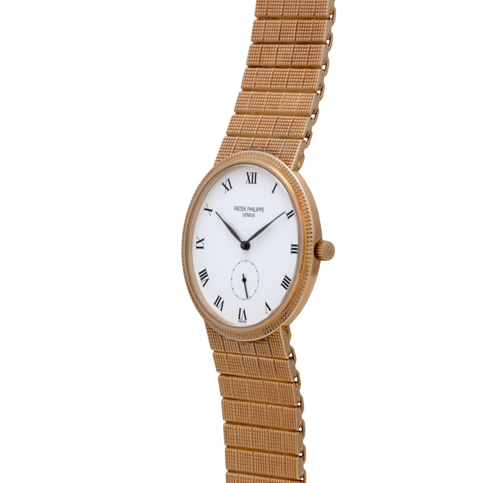 The Patek Philippe Calatrava features a gold case, white dial with Roman numerals, woven metal band, and displays the time 1:55.