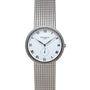 The Patek Philippe Calatrava is a silver watch with a white face, Roman numerals, and a mesh metal band.