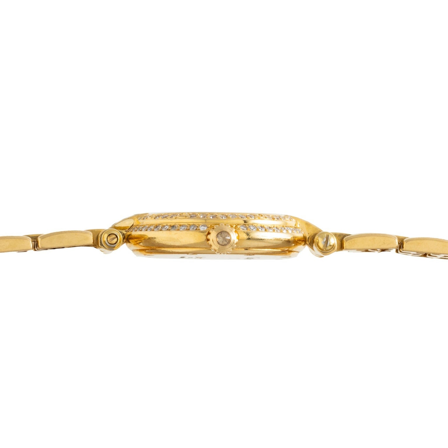 Side view of the Cartier Panthere Ronde, a thin gold wristwatch featuring a round crown and linked band.