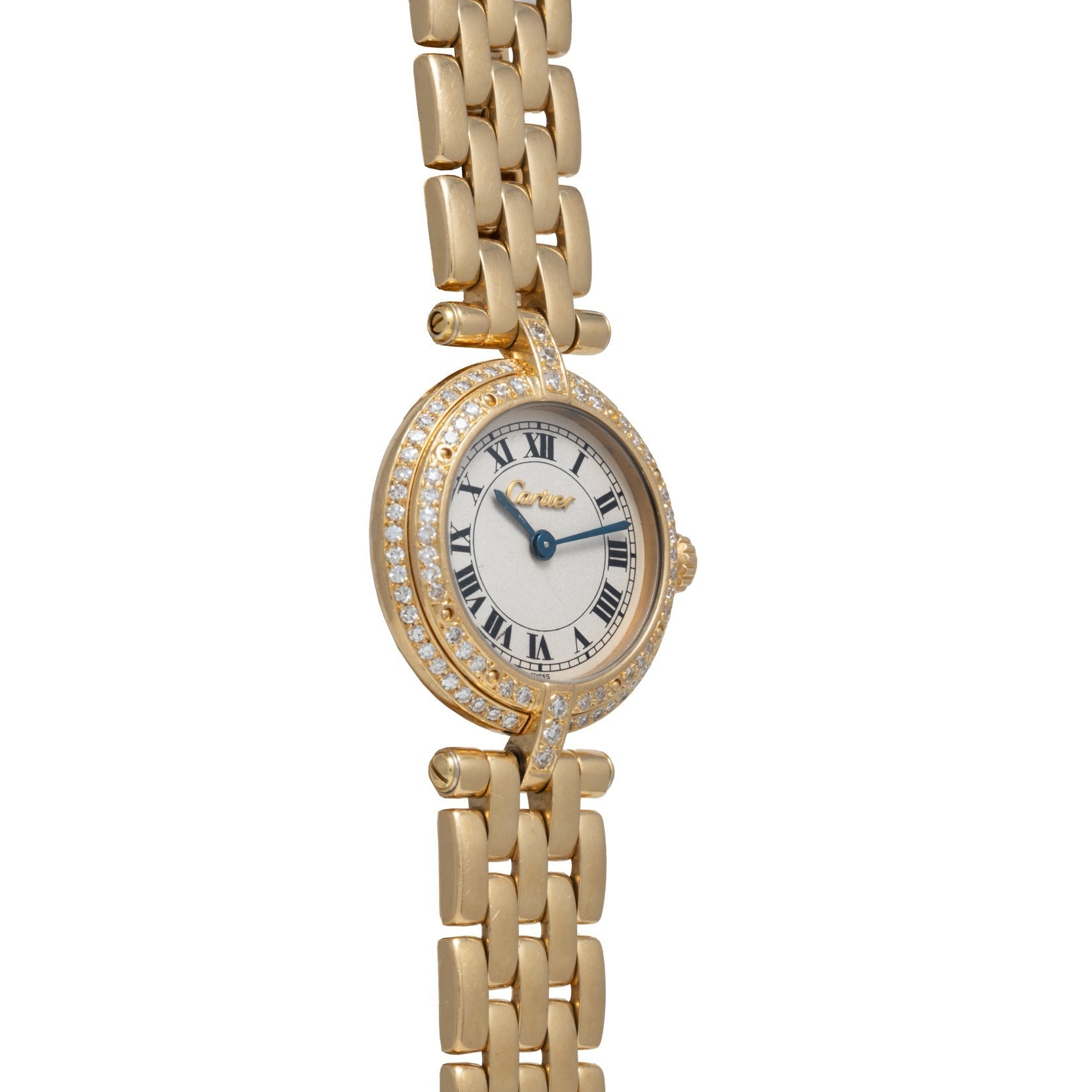 Cartier Panthere Ronde wristwatch featuring a round face, Roman numerals, and diamond accents on the bezel and lugs.