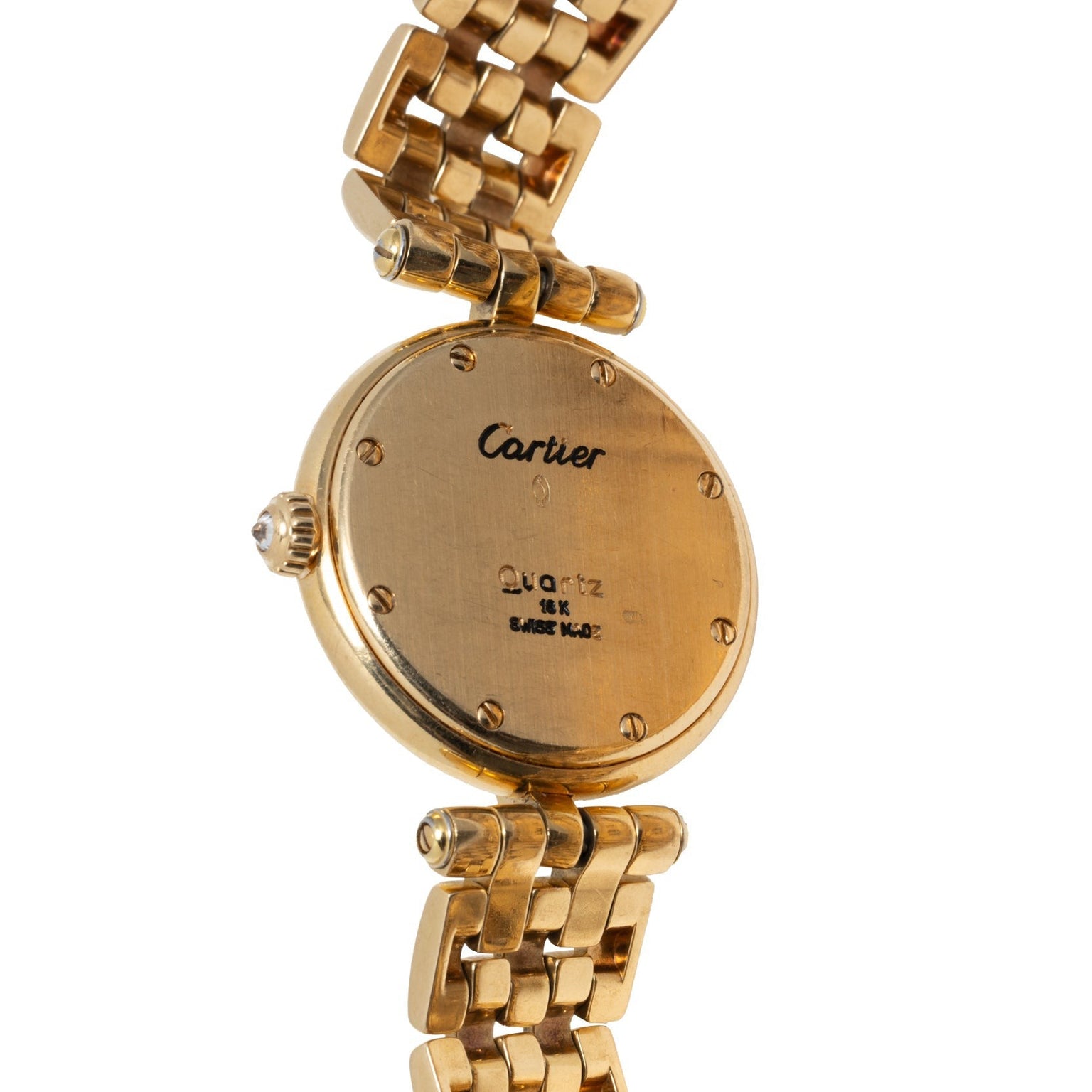 Gold Panthere Ronde wristwatch by Cartier with a visible back case, signature branding, and a linked metal band.