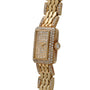 The Cartier Tank Mini Diamond features a rectangular, diamond-encrusted face and band with visible watch hands and no numbers.