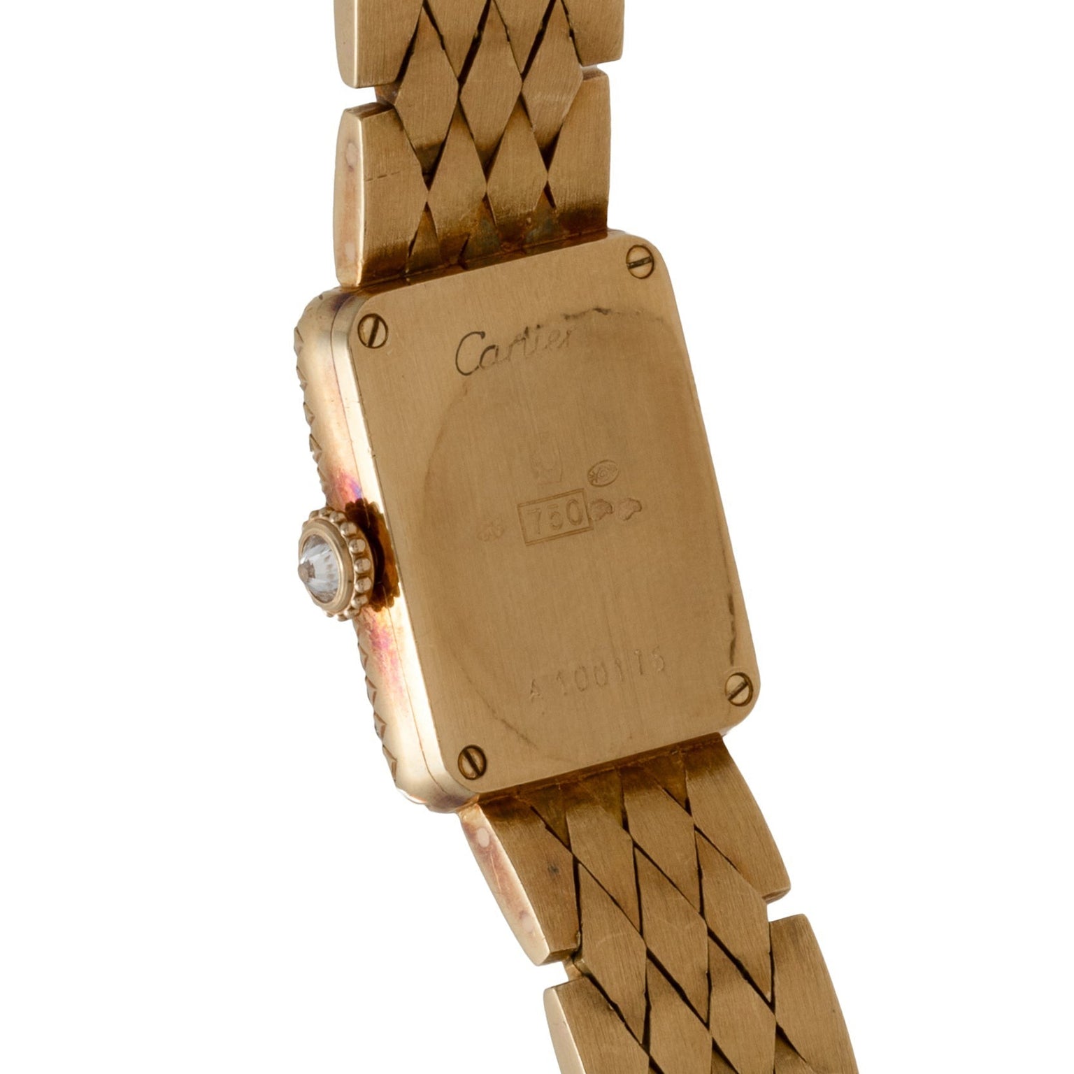 Back view of the Cartier Tank Mini Diamond watch in gold, featuring visible engraving and a gemstone set on the crown.
