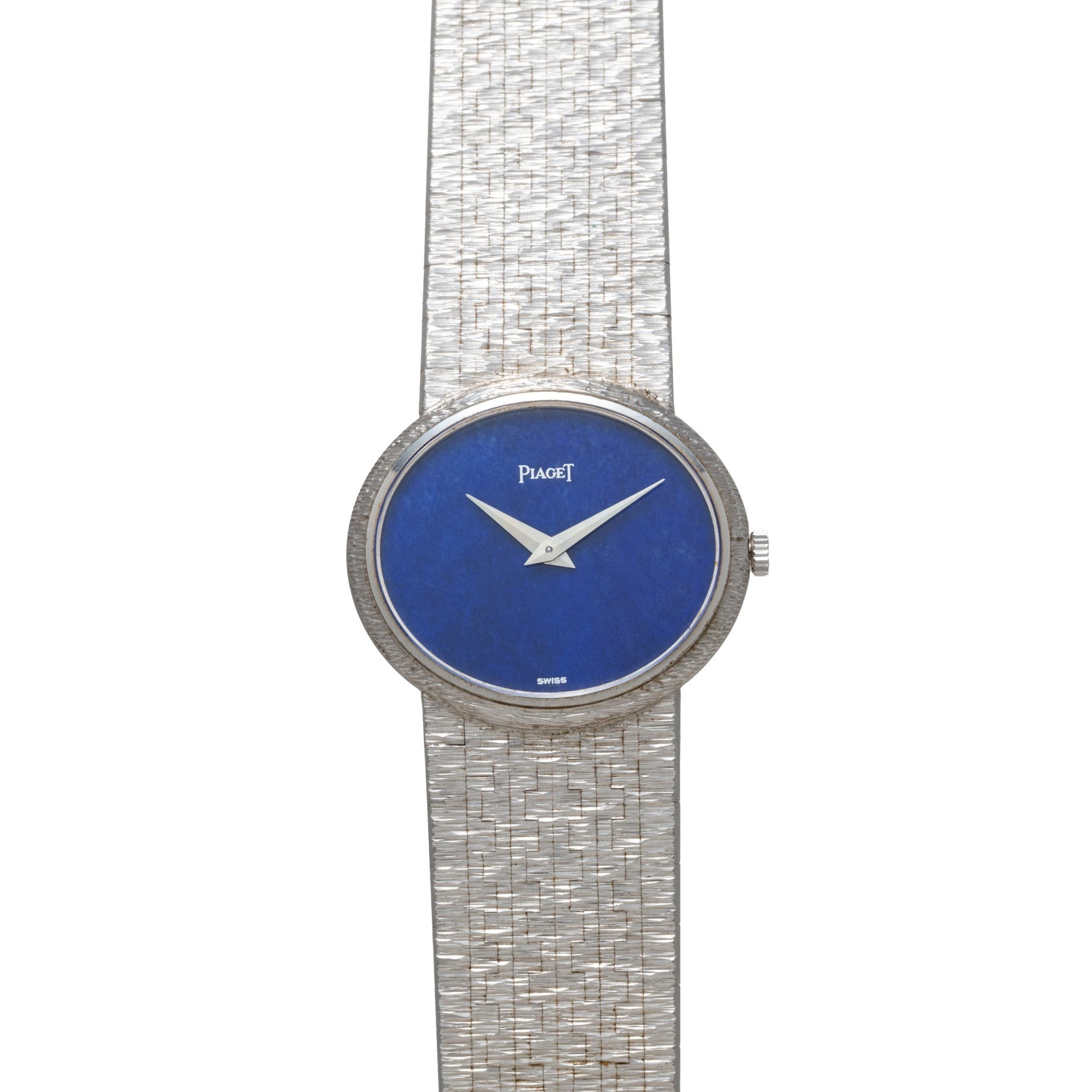 A white gold Lapis Lazuli dress watch by Piaget featuring a textured band and a blue lapis lazuli face.