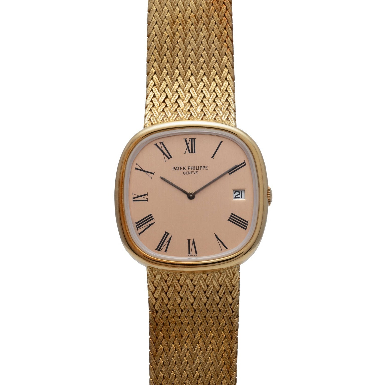 Patek Philippe Ellipse Jumbo watch featuring Roman numerals, a mesh gold band, and a date window at 3 oclock.